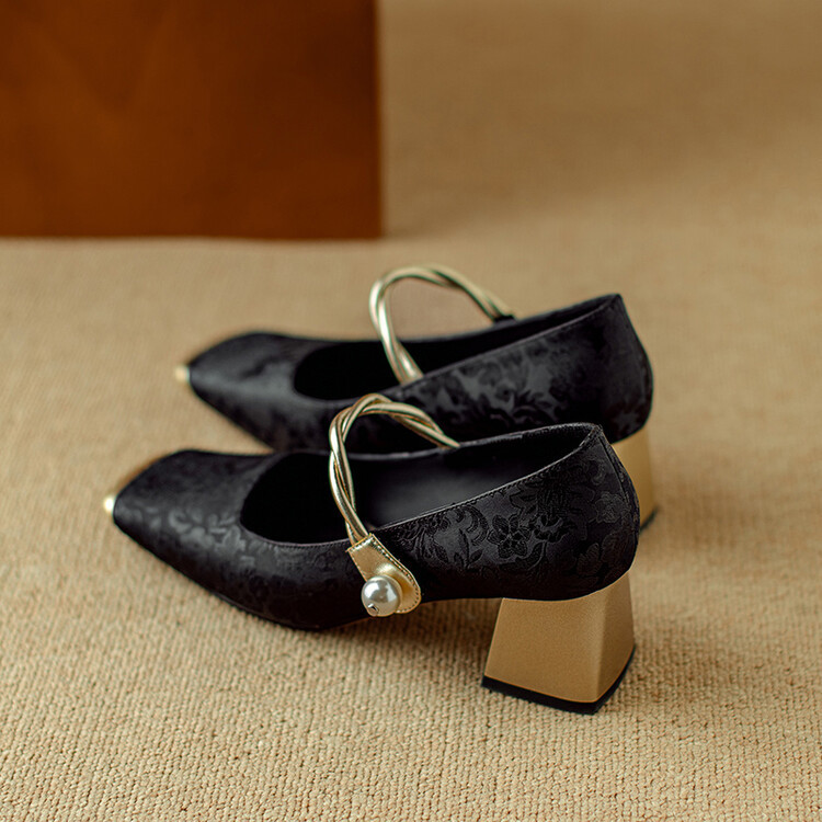 新中式国朝风单鞋2024春季新款百搭复古法式粗跟方头浅口女士单鞋详情46