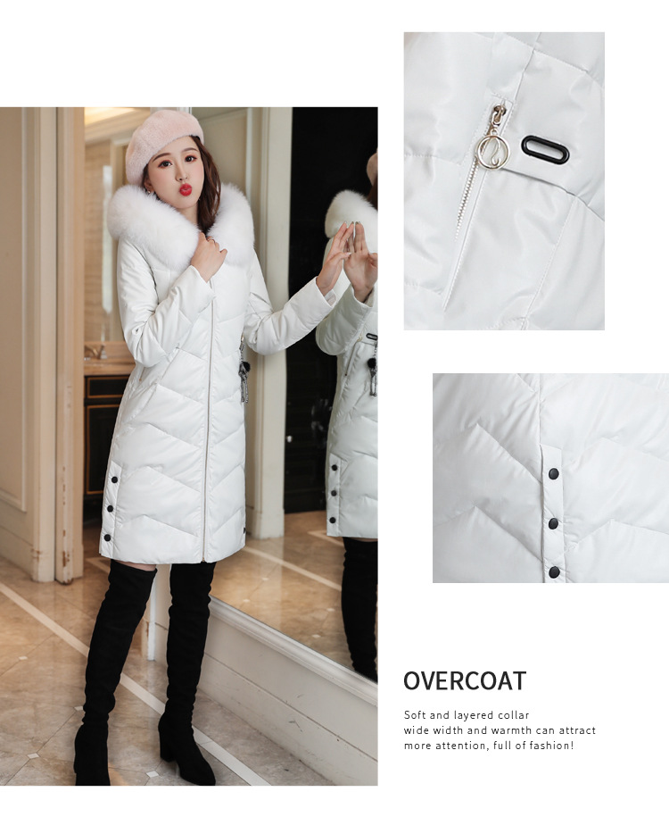 Korean winter new mid-length down cotton-padded jacket, PU leather, true fox fur collar, thickened leather coat pic 12