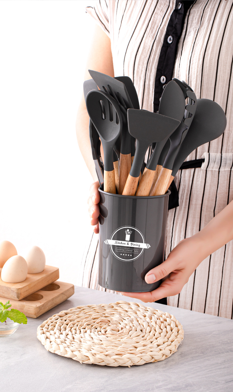 Non-stick cooking pan storage bucket, wooden handle, silicone kitchenware 12-piece set, silicone kitchenware 11-piece set pic 11