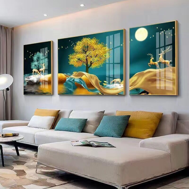 The living room is decorated with a three-panel painting, the bedroom has a sofa background, wall paintings, light luxury room hanging paintings, crystal porcelain paintings, and Nordic murals pic 10
