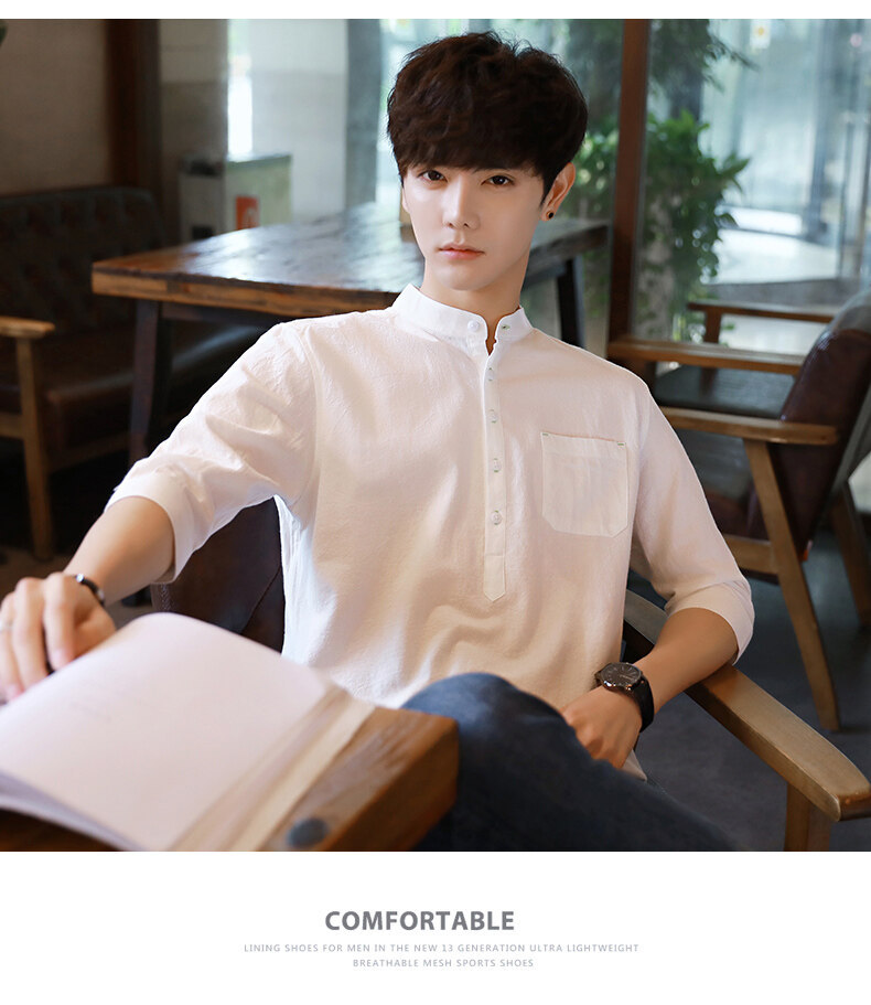 衬衫男士夏季韩版潮流帅气休闲百搭亚麻上衣七分短袖男装白色衬衣详情16