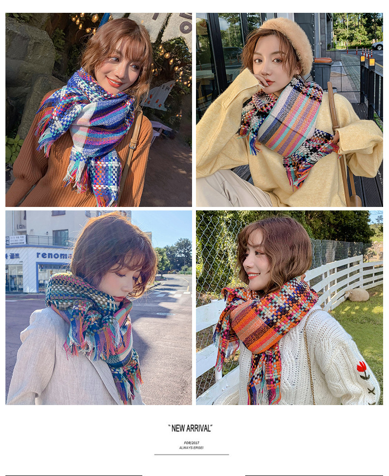 秋冬新款韩版围巾女草编彩条时尚披肩加长加厚保暖田园风围巾详情2