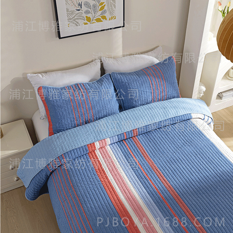 Simple and high-end quilted quilt, blue striped pure cotton three-piece bed cover, spring and summer air conditioner quilt, washed quilt wholesale pic 9