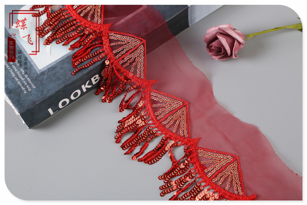 Small fans in stock, colorful hollowed-out mesh, tassels, sequins, embroidered lace, skirt hem decoration, stage costume accessories pic 9