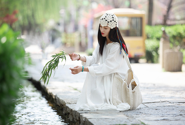 Spring and summer V-neck textured natural linen loose robe, double-layer large hem elegant long dress, retro fairy dress pic 25