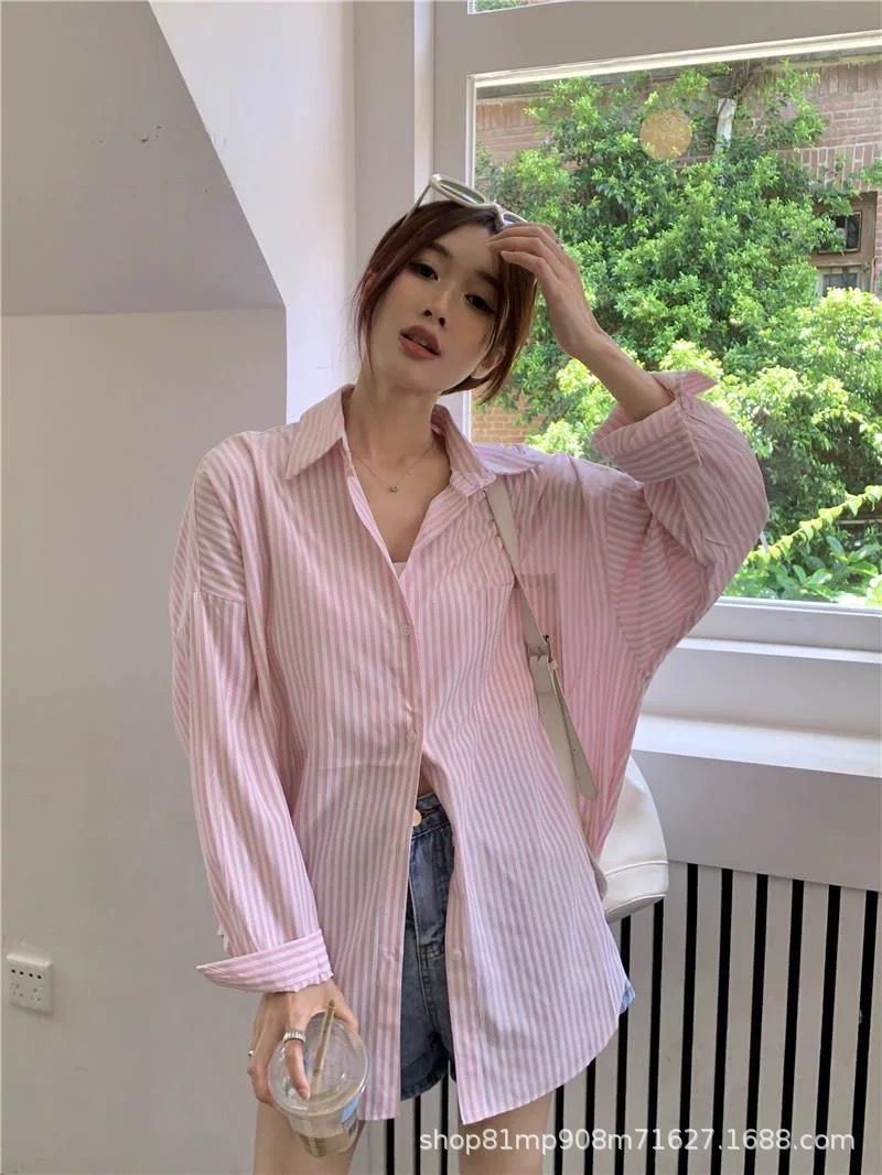 蓝色条纹高级感气质衬衣外套女装夏季慵懒风宽松休闲防晒衬衫上衣详情8