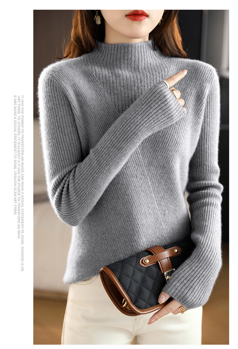 Autumn and winter stand-up collar wool core-spun yarn sweater for women, semi-high collar solid color slim fit, paired with a base layer for women 2022 new style pic 37
