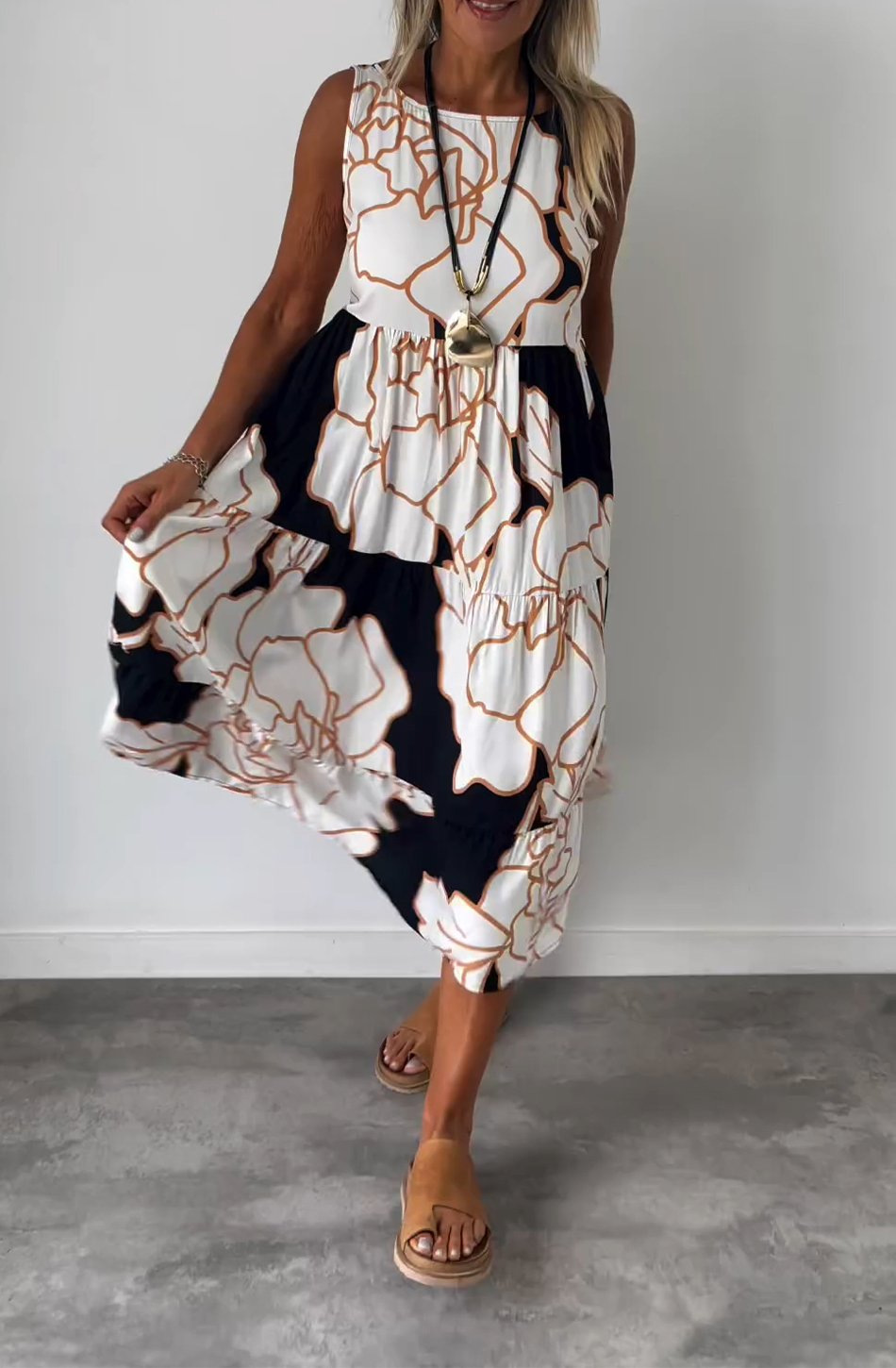 2024欧美跨境夏季新品女装 独立站速卖通时尚印花无袖系带连衣裙详情2