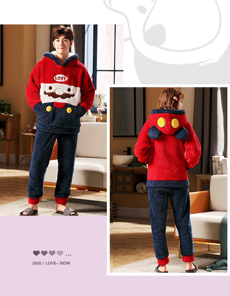 长毛绒冬季卡通情侣加厚加绒睡衣女帽子外穿法兰绒套装男士家居服详情82