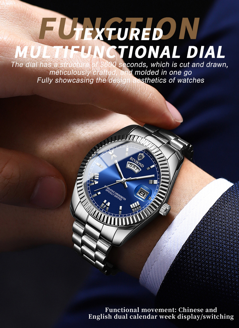 宾邦手表男士非机械表防水日志型时尚男表蓝色跨境情侣商务腕表详情32