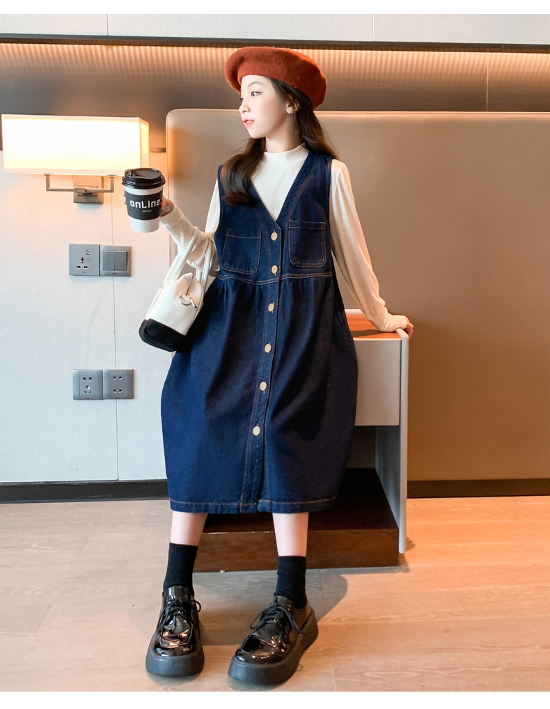 女童连衣裙春秋2022新款儿童春季洋气裙子大童秋装牛仔背带裙套装详情23