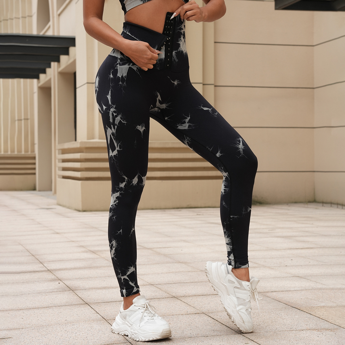 新品无缝扎染瑜伽裤高腰收腹排扣紧身裤提臀健身裤跑步塑身运动裤详情9