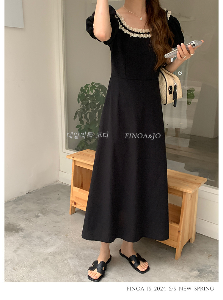 费挪 OLIVE十三行春夏新品法式优雅气质黑色蕾丝花边连衣裙2166详情15