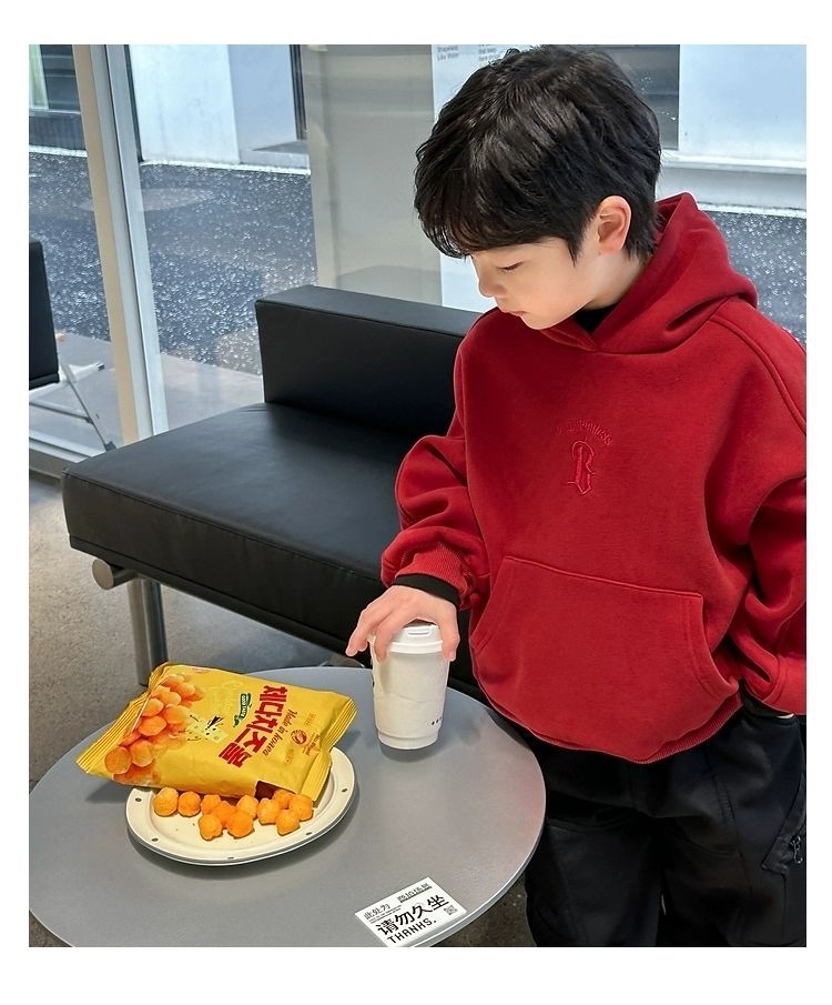 儿童字母刺绣加绒加厚新年红色连帽套头卫衣冬韩版男女童宽松上衣详情21