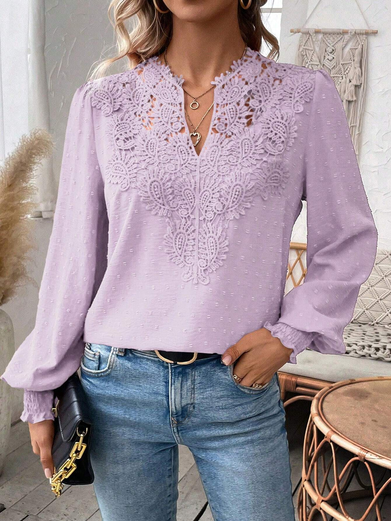 The new autumn and winter fashion V-neck lace solid color long-sleeved casual T-shirt for women on Amazon Cross-border in Europe and America in 2024 pic 6