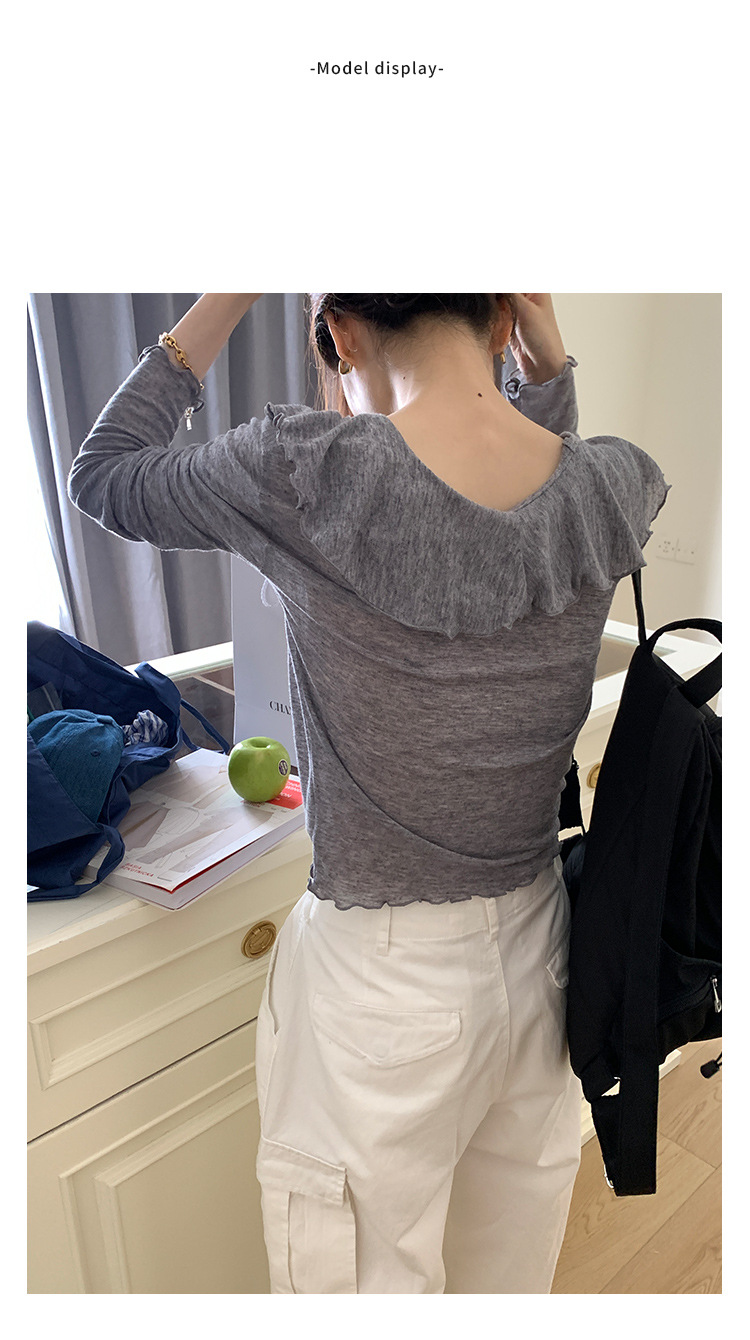 【法式别致的】木耳边V领T恤女2023秋季新款休闲百搭长袖开衫上衣详情15