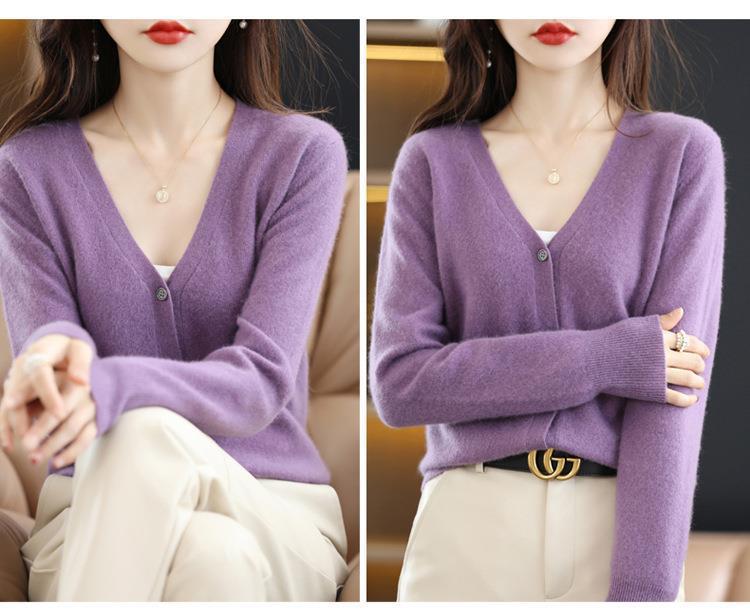New Spring and autumn knitted cardigan for women, V-neck loose short solid color long-sleeved versatile sweater coat made of wool blend pic 47