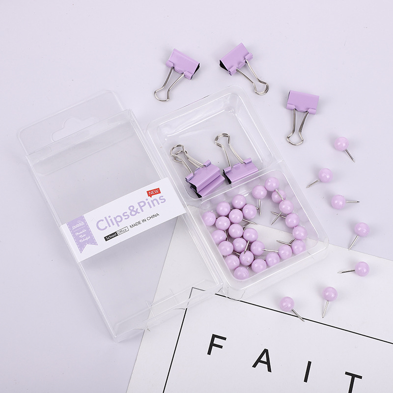 Cross-border 2-in-1 office combo set, macaron-colored large and small paper clip, ticket holder, thumbtack, swallowtail clip, box set pic 4
