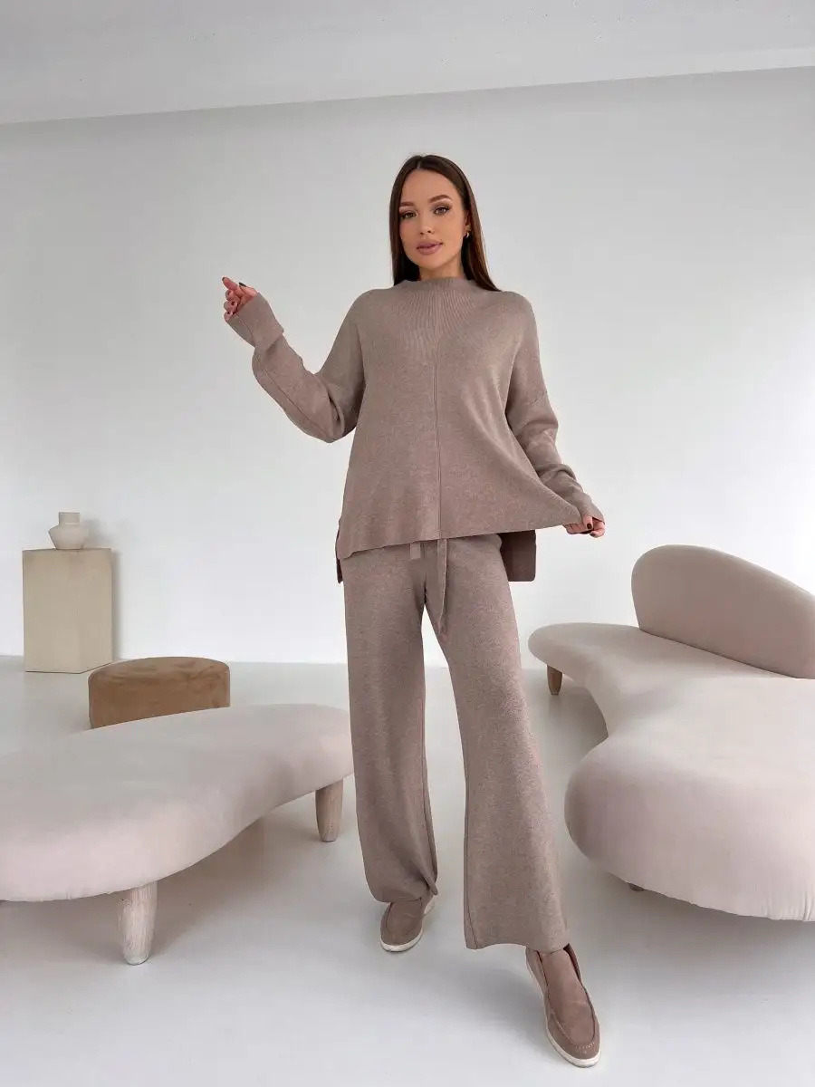 秋冬俄罗斯长袖宽松休闲长裤毛衣套装女跨境欧美热卖开叉套装详情24