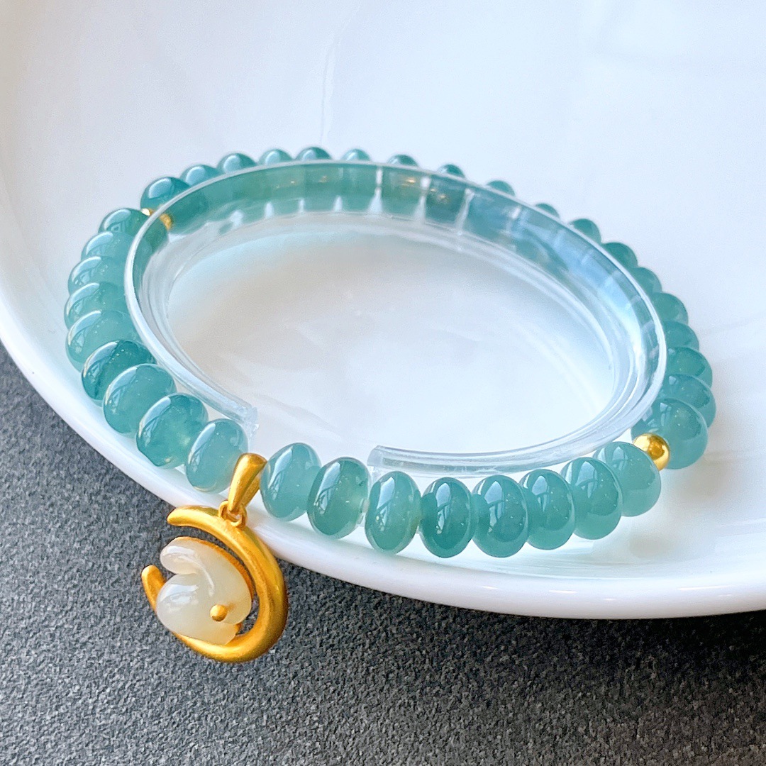 Amazon AliExpress New Chinese-style natural blue water drum bead A-grade jade bracelet for women, light luxury 925 silver inlaid rabbit jewelry pic 31