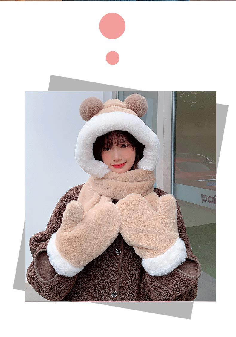 Warm hat for women, sweet and cute in autumn and winter. Winter cartoon scarf in one piece. Korean-style ear-protecting gloves in three pieces for winter pic 2
