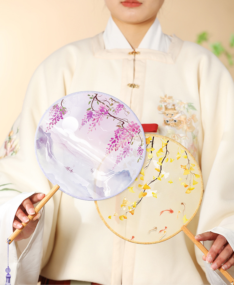 团扇古风扇子儿童夏天半透长柄舞蹈扇女童古装汉服旗袍刺绣小圆扇详情17