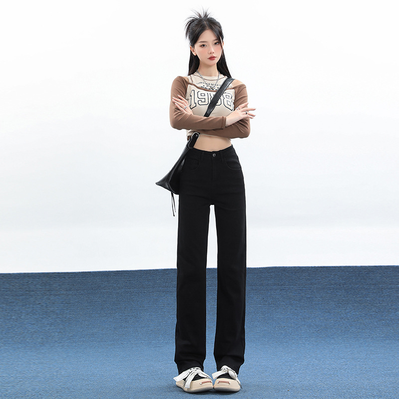 黑灰色美式复古阔腿牛仔裤女秋冬新款高腰宽松显瘦直筒拖地裤详情1