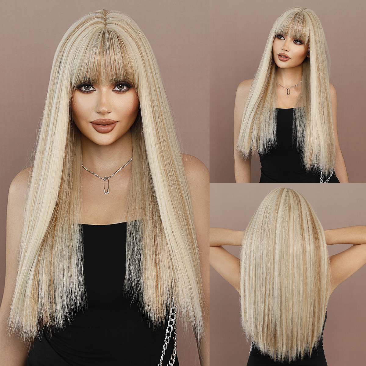 A cross-border Wig blogger on Xiaohongshu, a wig for women with long straight hair, highlights dyed beige lolita, and a full synthetic fiber wig pic 4