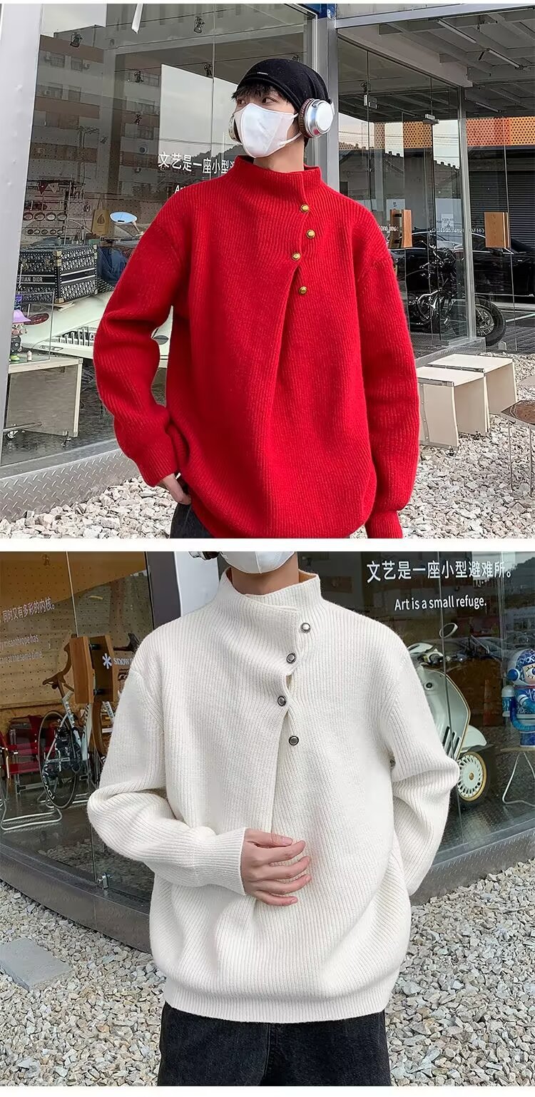 A high-neck sweater with an irregular button design, a stylish and laid-back oversized knitted top from a Korean streetwear brand pic 19