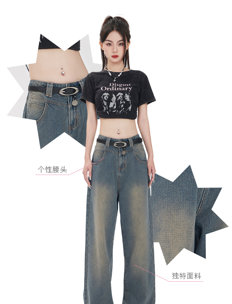HEY+JEANS星空纹怀旧蓝牛仔裤女2023新款高腰宽松显瘦拼接阔腿裤详情4