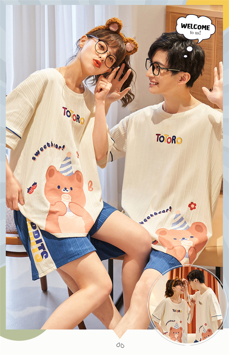 Novedades pareja manga corta pantalones cortos pijamas mujer verano slim algodón peinado hombre traje de hogar suelto casual cartoon pic 58