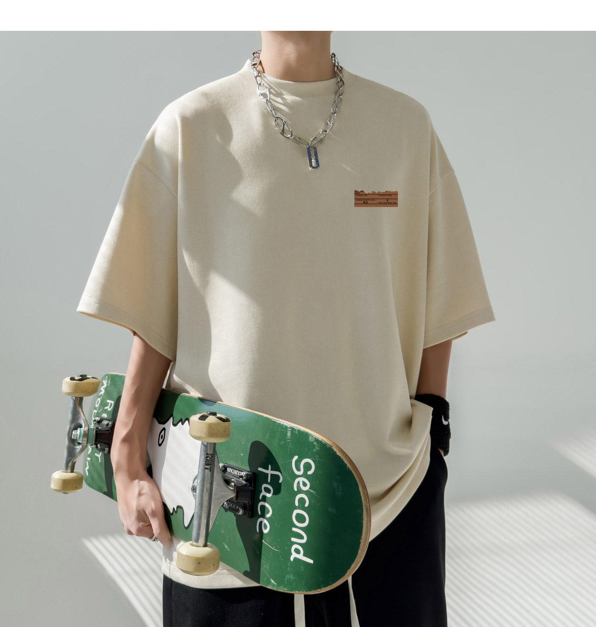 简恒咖色重磅美式复古男士短袖t恤夏季男款百搭仿麂皮绒定制T恤潮详情9