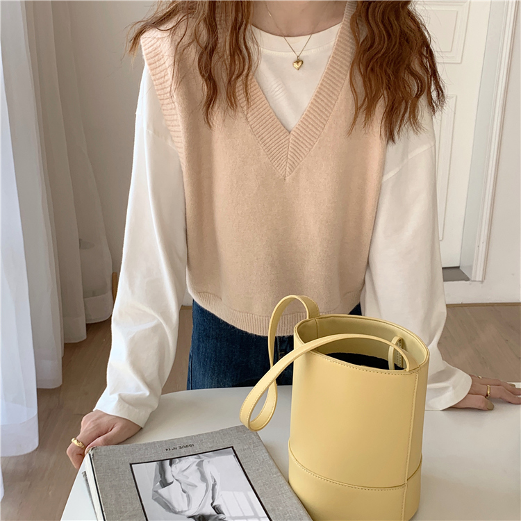 新款春秋女装洋气宽松显瘦V领毛衣外穿鹅黄色针织马甲背心详情22