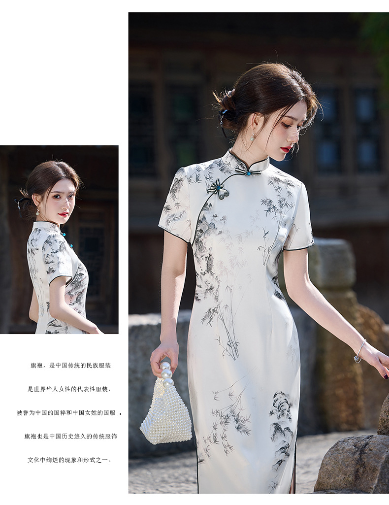 国潮国风水墨画长款醋酸双层改良2025新款年轻款少女复古修身详情15