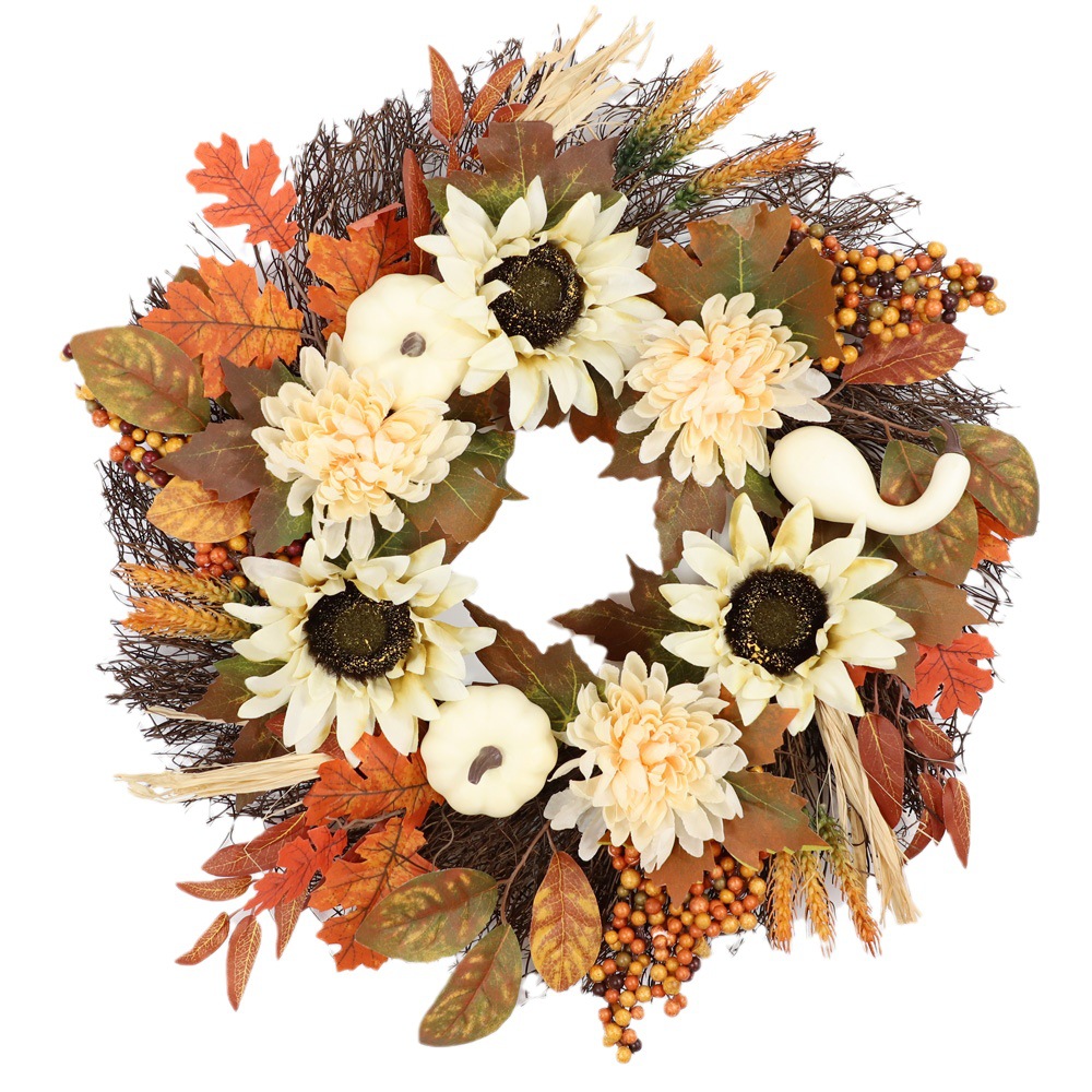 Cross-border autumn Thanksgiving white pumpkin wreath, Harvest Festival Sunflower Maple Leaf wreath decoration, door hanging ornaments pic 7