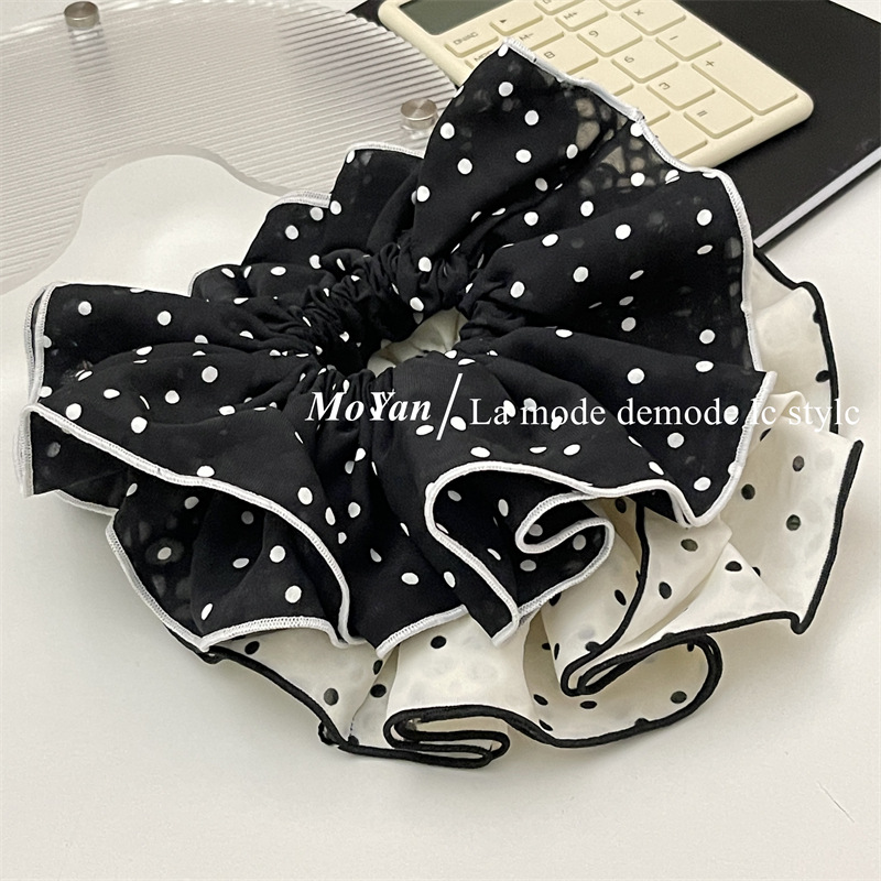 Double-layer white large polka dot large intestine hair band, elegant retro edge hair tie, French simple and elegant hair flower hair tie pic 15