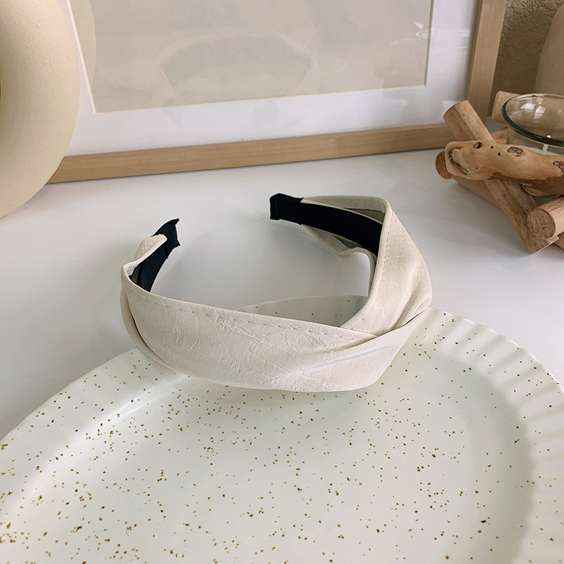 Retro solid color Pu leather wide cross headband, versatile for women, simple hairband for washing face, hair pressure and trendy headwear pic 10