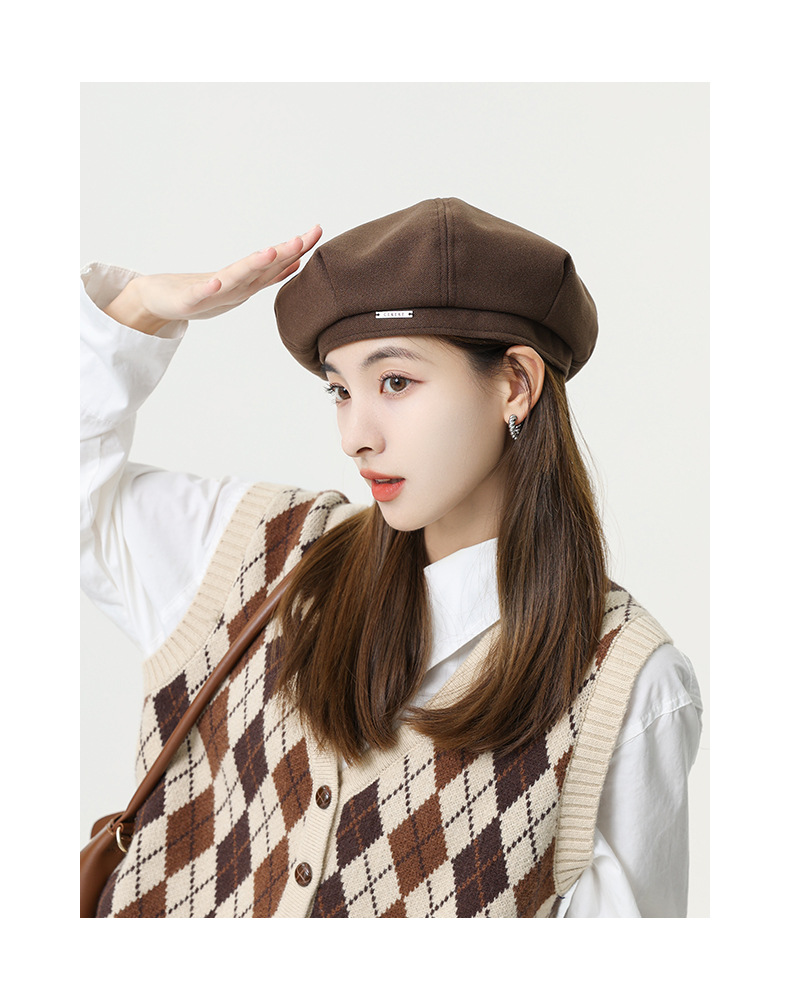 韩版秋冬毛呢金属标贝雷帽子女八角帽大头围显脸小时尚文艺画家帽详情12