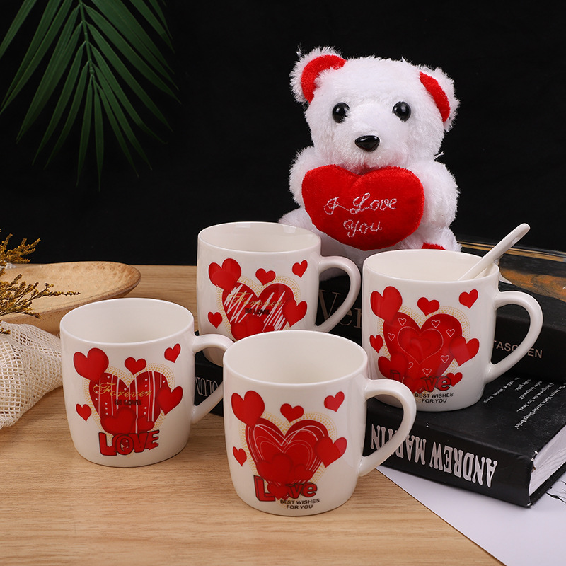 外贸专供情人节陶瓷杯咖啡杯套装情侣礼品毛绒小熊带手柄勺礼盒详情9