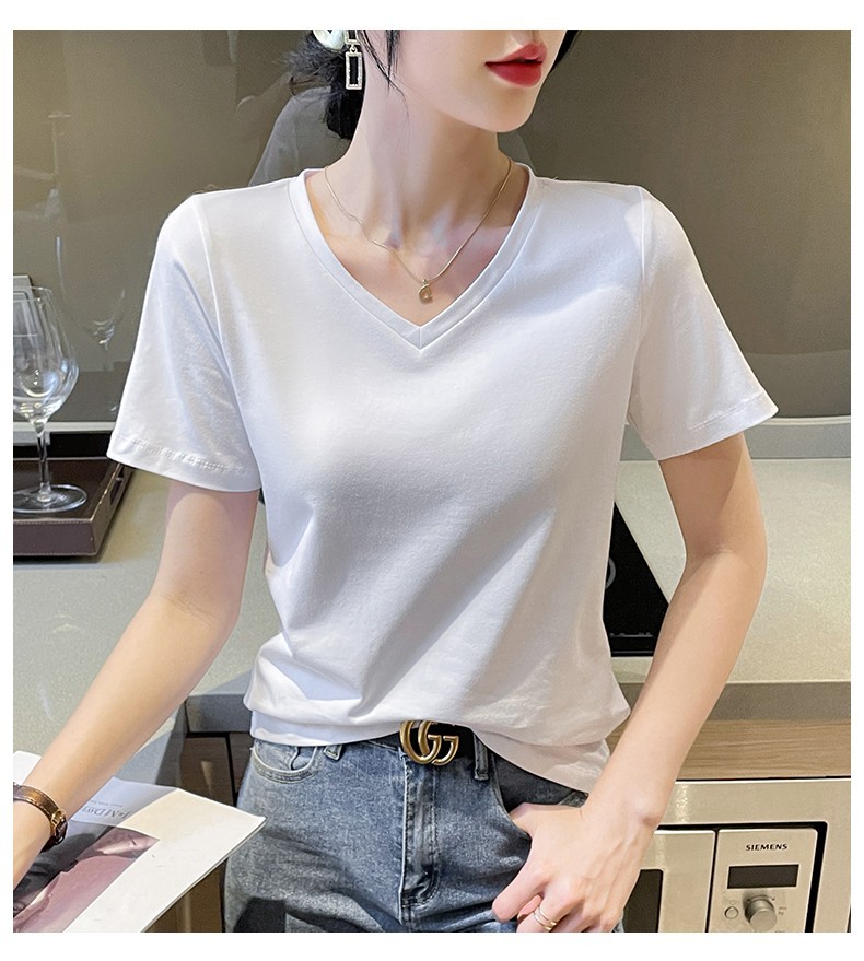夏装宽松白色纯棉V领T恤女短袖2023新款时尚气质洋气小衫正肩体恤详情7