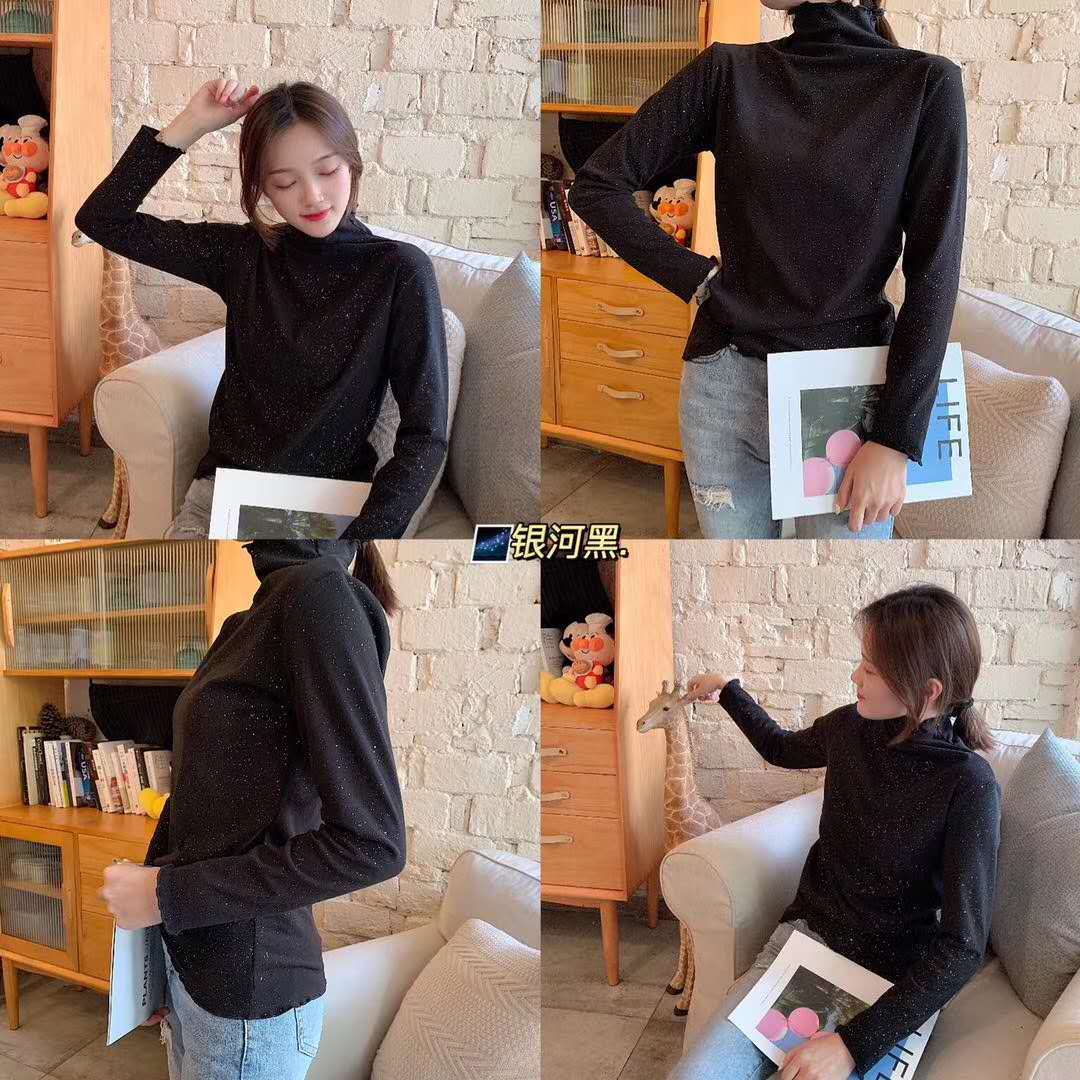 The 2022 autumn and winter new style base shirt for women is a semi-high-neck long-sleeved solid color with black fungus edges, paired with a fitted and warm German velvet top pic 35