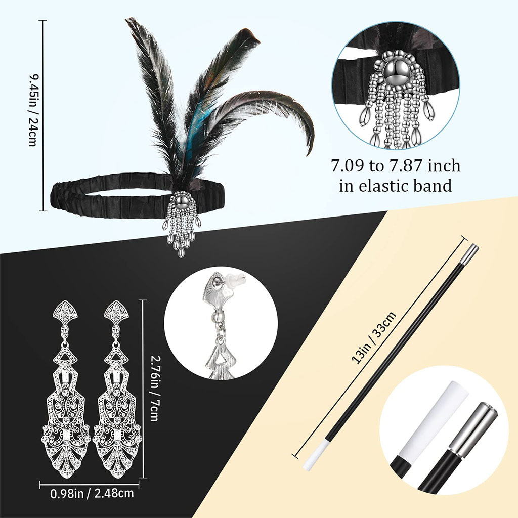 Gatsby Party Feather alloy headband, pearl necklace, cigarette stick glove set, retro Hepburn outfit accessories pic 18