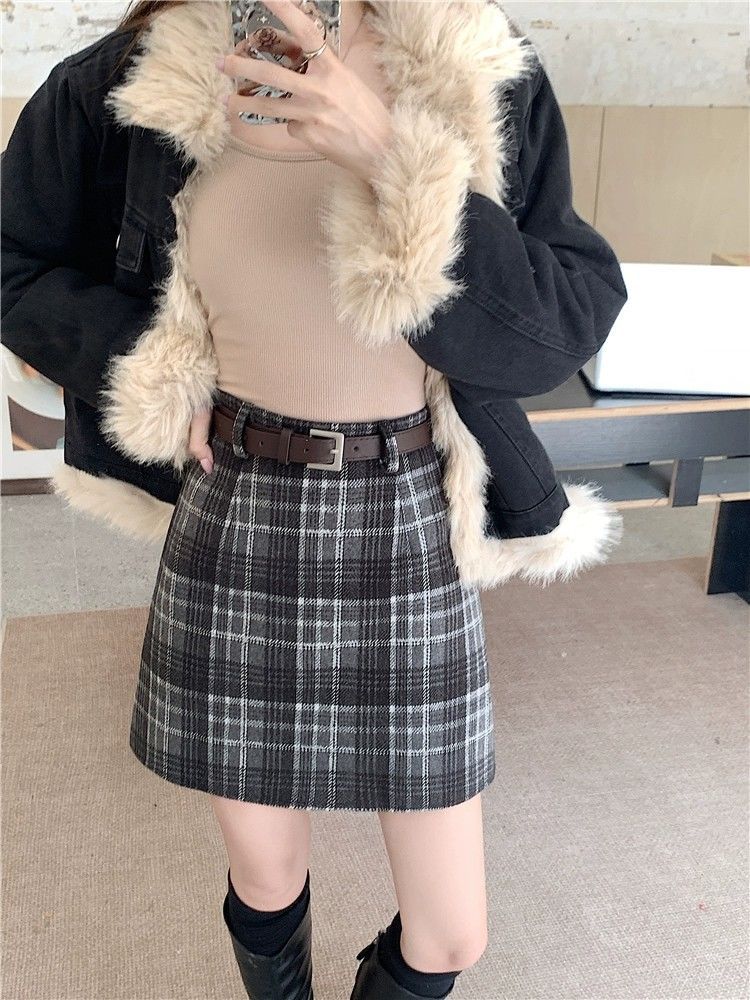 复古格子毛呢半身裙女秋冬款气质遮肚子咖色a字裙学院风时尚短裙详情19