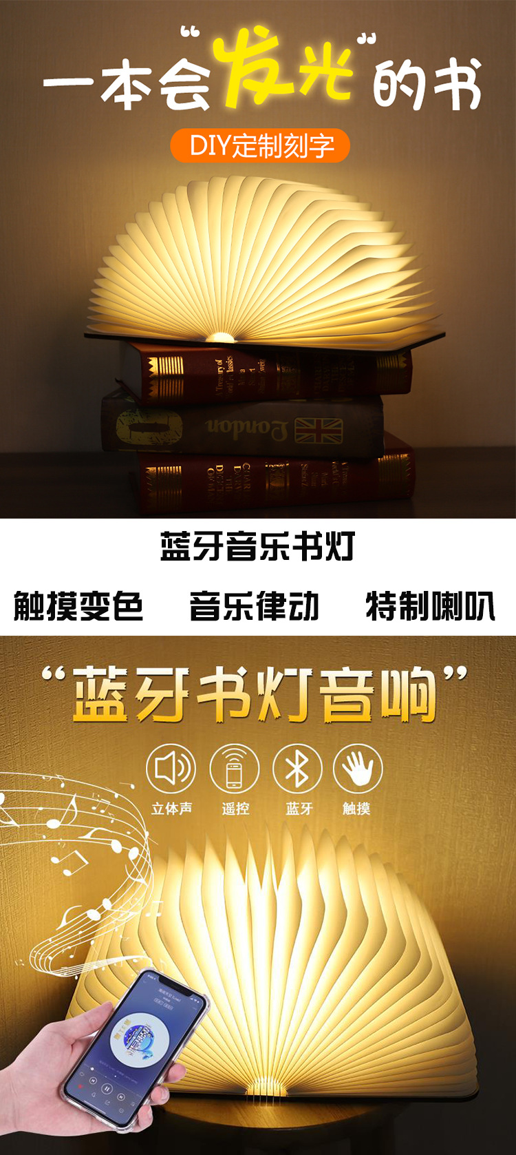 中秋礼品木质蓝牙音乐书灯跨境触摸LED书本灯屏风小夜灯详情1