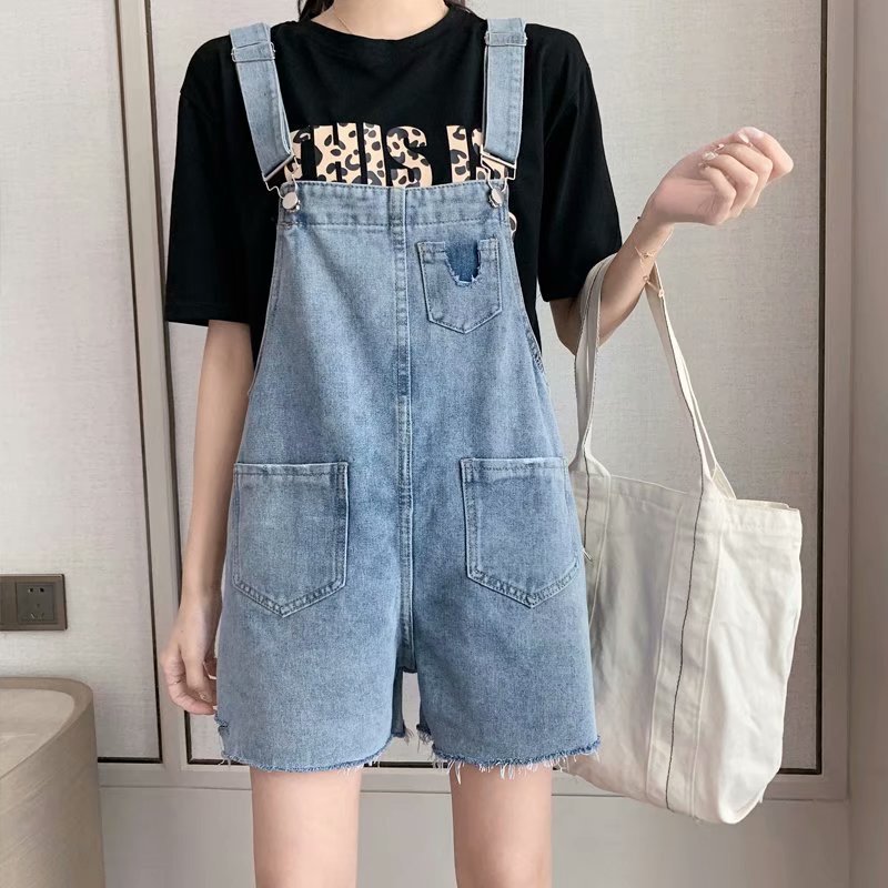 Summer internet-famous ripped denim overalls for women, high-waisted, loose, plus-size, youthful and petite student suspenders pic 1