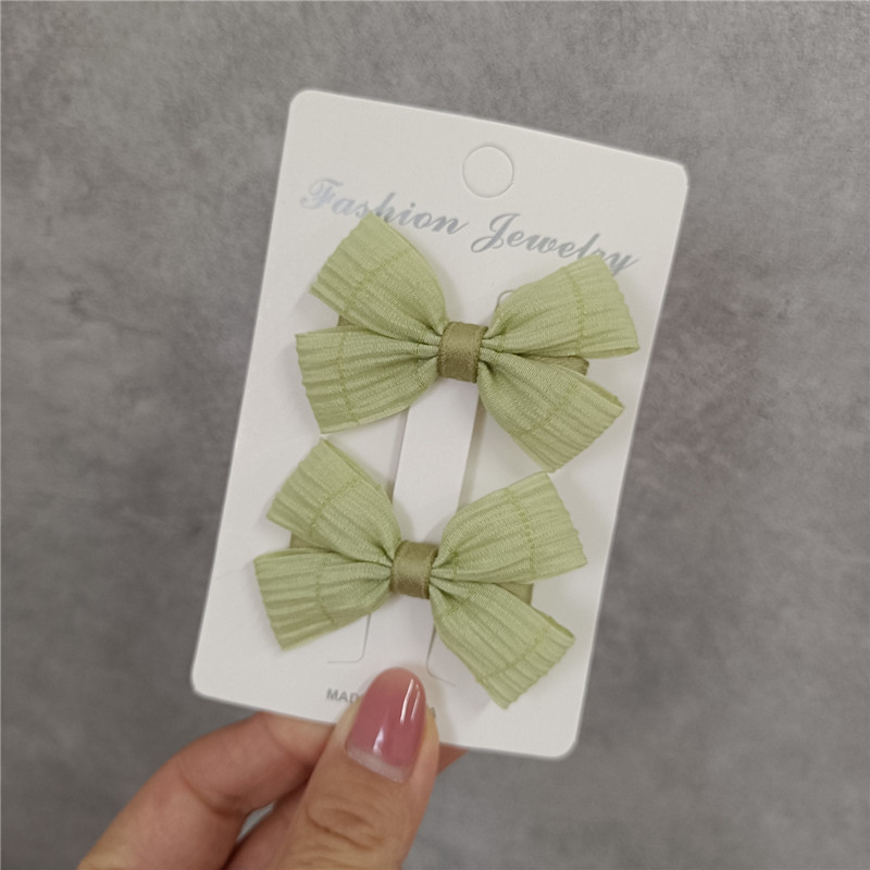 春夏新款儿童小女孩发夹皱皱纱抹茶绿色迷你蝴蝶结对夹边夹刘海夹详情5