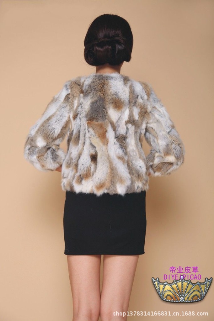 Rabbit fur coat for women, short three-quarter sleeve, natural patchwork pic 2