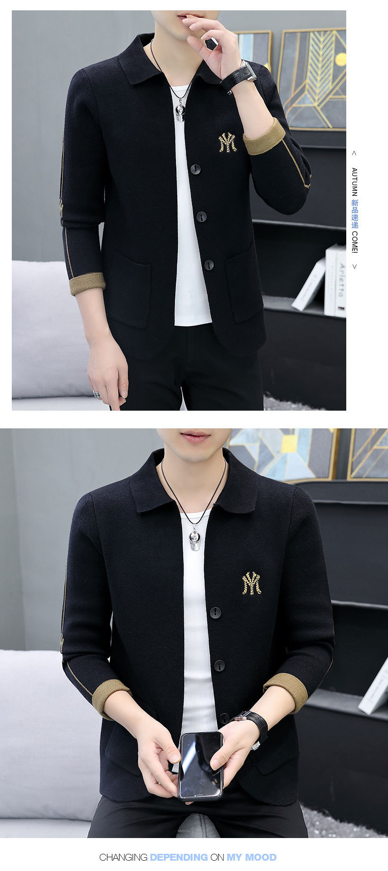 A lapel knitted cardigan for men is a trendy and versatile choice for spring and autumn. It features a personalized embroidered top and a fashionable and casual bag jacket pic 10