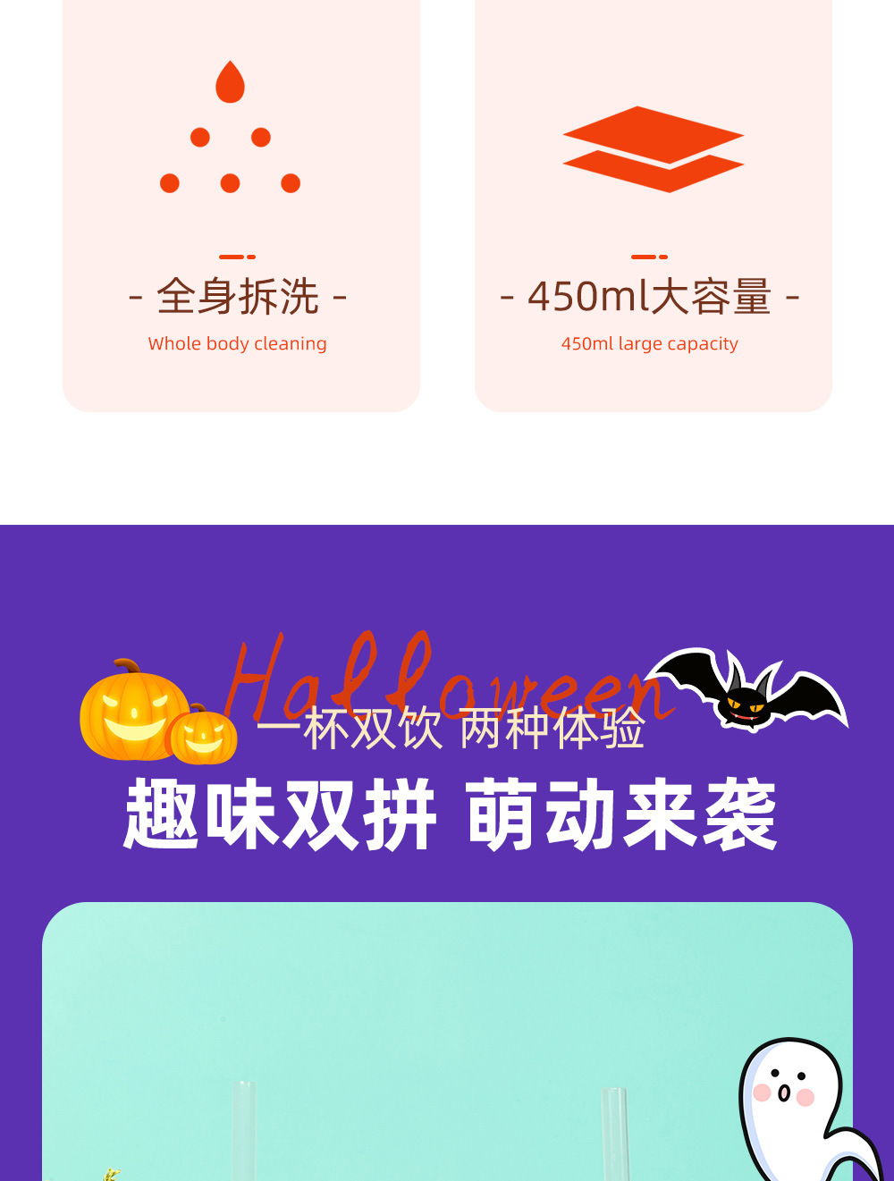 30013 450ml Halloween Micro-Landscape Cartoon Sequin Water Cup Double-layer Plastic Straw Cup Summer Ice Cup pic 4