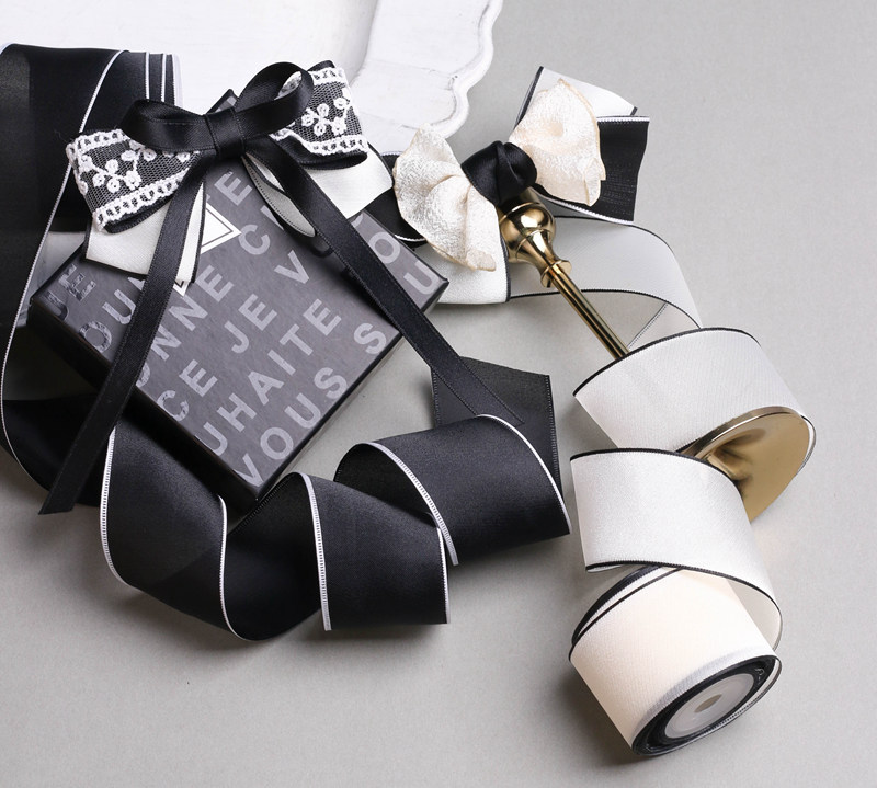 Korean version glossy black and white edge chiffon webbing DIY bow hair accessory flower shop flower packaging gift box gauze ribbon pic 5